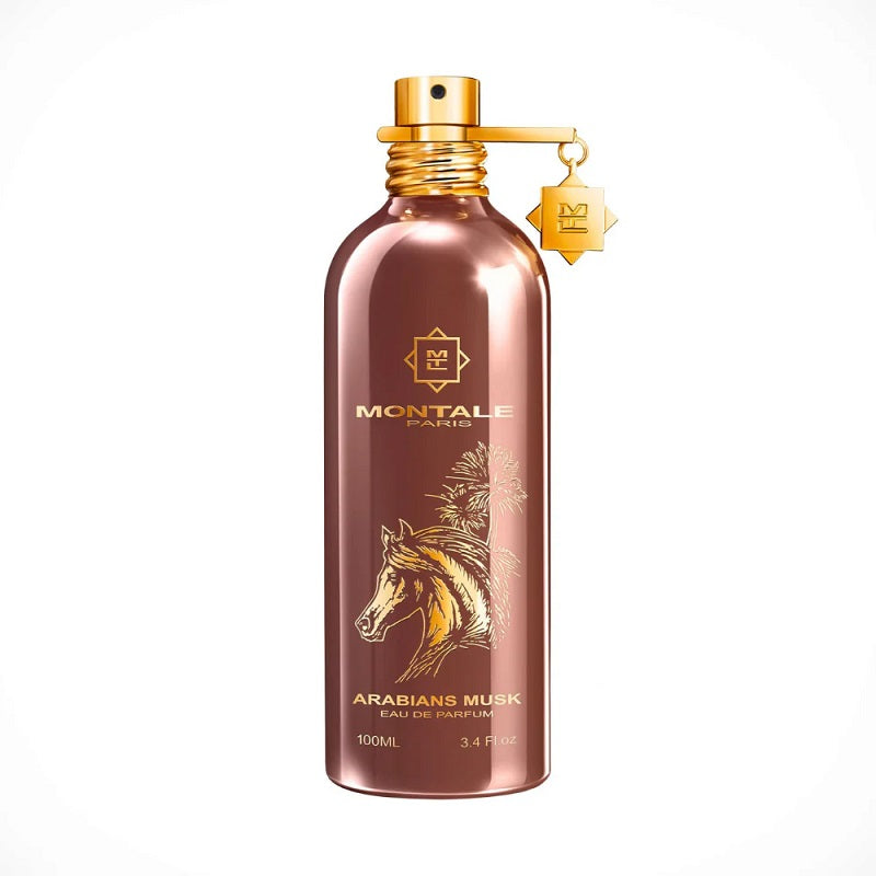 Montale Arabians Musk perfume bottle with gold accents on a white background