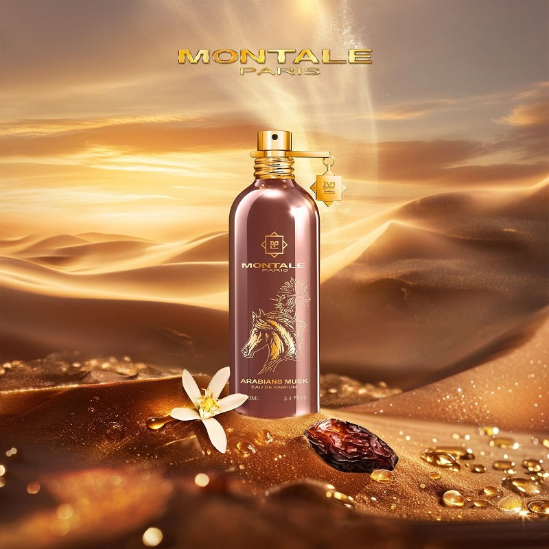 Montale Paris perfume bottle with desert elements on a gold and brown gradient background