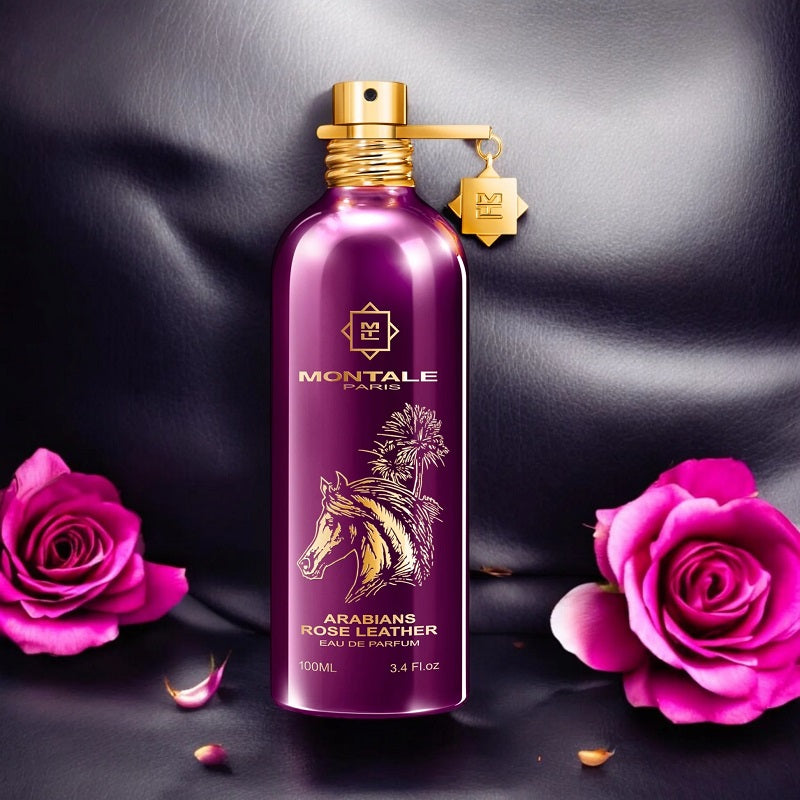 Montale perfume bottle with pink roses on a dark background