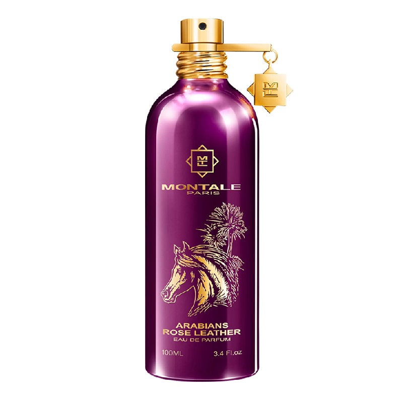 Purple perfume bottle with gold accents featuring Montale branding on a white background
