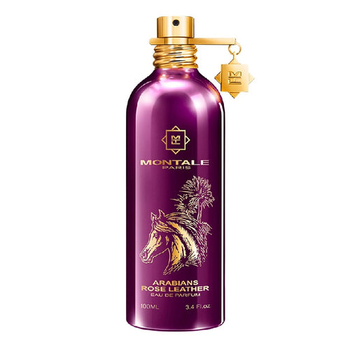 Purple perfume bottle with gold accents featuring Montale branding on a white background