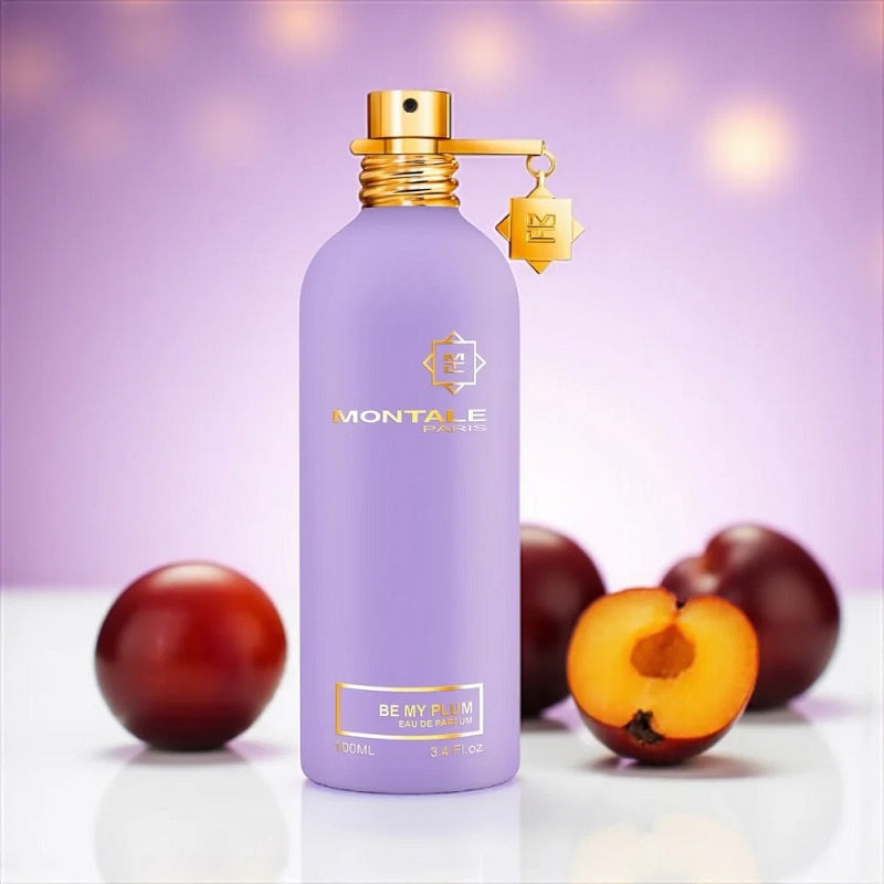 Montale perfume bottle with plums on a purple background