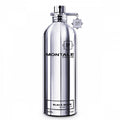 A silver-colored bottle of Montale Black Musk Eau de Parfum with a label and a decorative element on the cap.