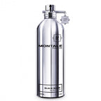 A silver-colored bottle of Montale Black Musk Eau de Parfum with a label and a decorative element on the cap.