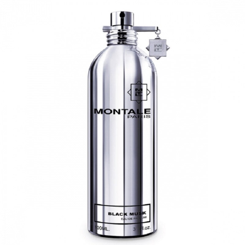 A silver-colored bottle of Montale Black Musk Eau de Parfum with a label and a decorative element on the cap.