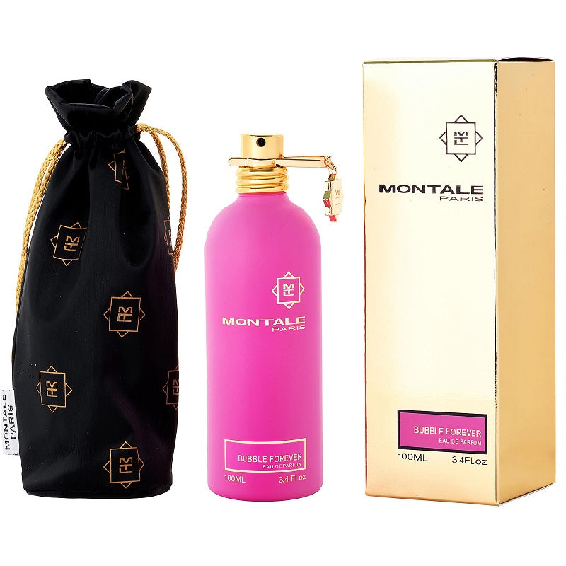 Pink Montale perfume bottle with black drawstring bag and gold box on a white background
