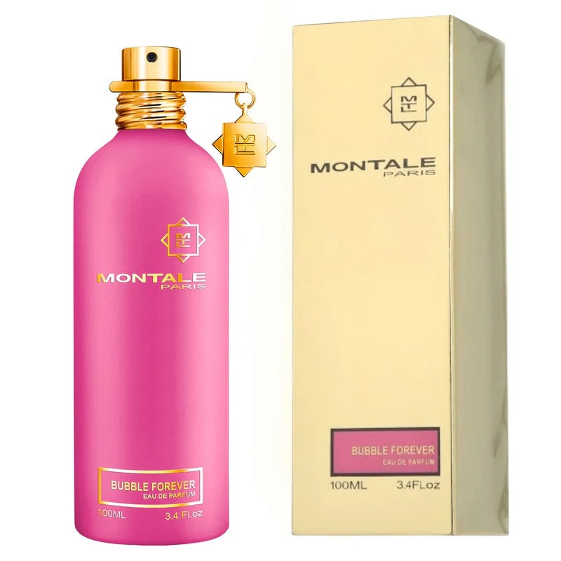 Pink Montale perfume bottle with gold cap and matching box on a white background