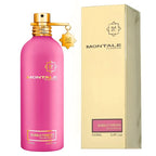 Pink Montale perfume bottle with gold cap and matching box on a white background