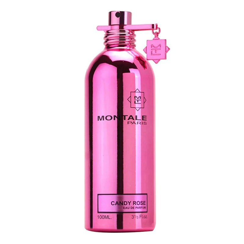 A pink bottle of Montale Candy Rose Eau de Parfum with a metallic finish and a spray nozzle.