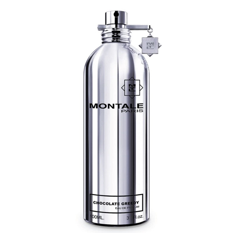 A silver bottle of Montale Chocolate Greedy Eau de Parfum with a black label and a decorative element on the cap.