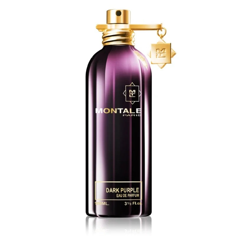 A bottle of Montale Dark Purple Eau de Parfum with a purple label and a gold cap.