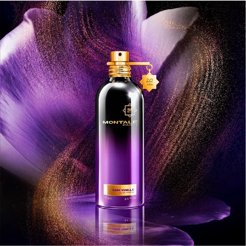 Montale Dark Vanilla perfume bottle on a purple floral background