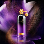 Montale Dark Vanilla perfume bottle on a purple floral background