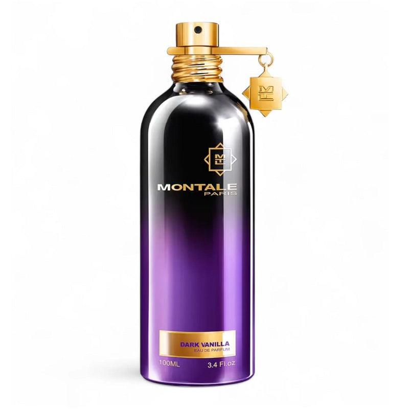 Montale Dark Vanilla perfume bottle with a gold cap on a white background