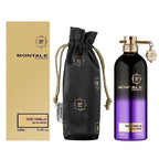 Montale Dark Vanilla perfume set with bottle, packaging, and drawstring bag on a white background