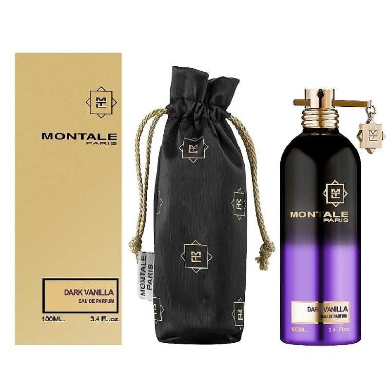 Montale Dark Vanilla perfume set with bottle, packaging, and drawstring bag on a white background