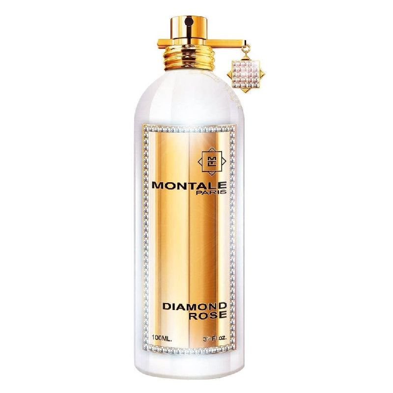 A white bottle of Montale Diamond Rose eau de parfum with a gold cap and label detailing.
