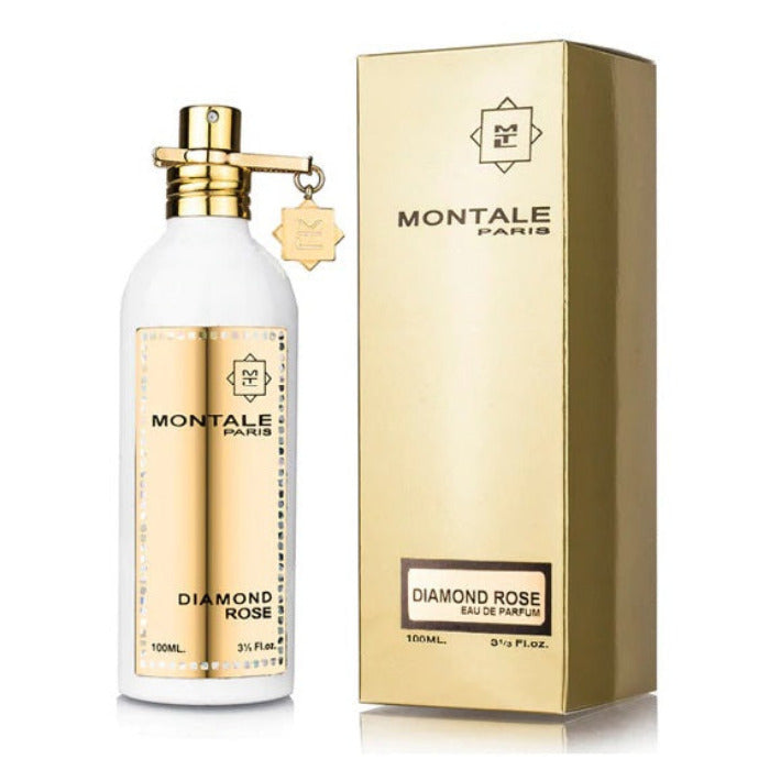 A product image featuring a 100ml bottle of Montale's Diamond Rose Eau de Parfum, with a golden box. The bottle is white with a gold spray nozzle and a clear label, while the box is adorned with the Montale logo and the product name.