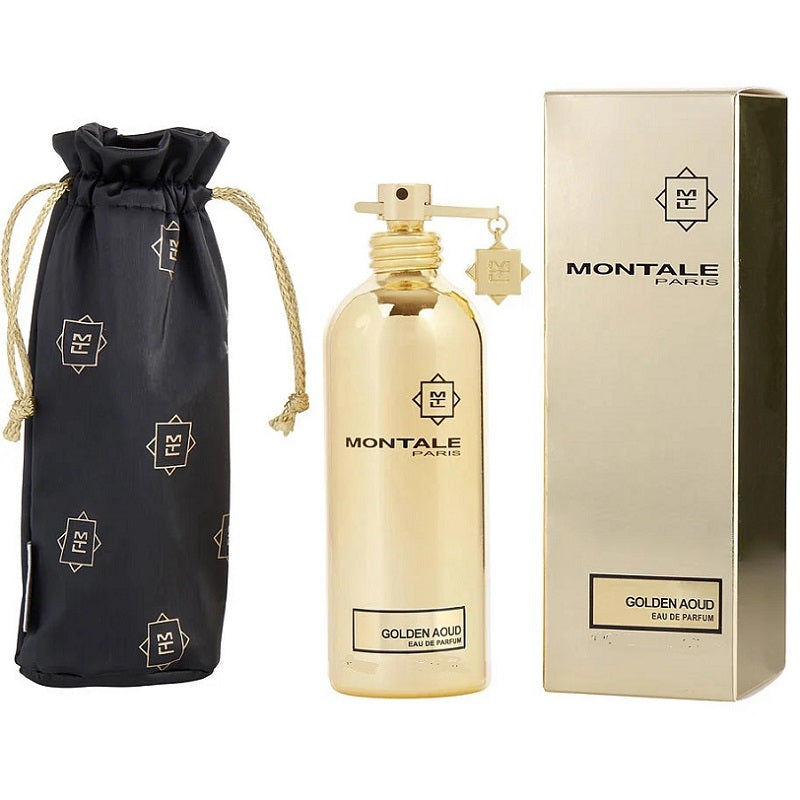 Gold perfume bottle with packaging and black drawstring bag on white background