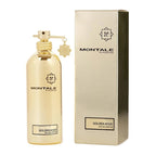Gold perfume bottle and packaging on white background