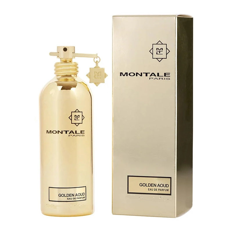 Gold perfume bottle and packaging on white background