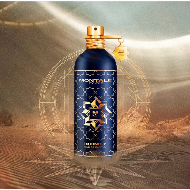 Perfume bottle with decorative label on a mystical background