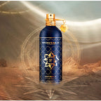 Perfume bottle with decorative label on a mystical background
