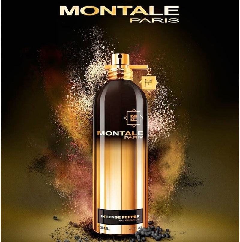 Montale Paris Intense Pepper perfume bottle with gold and black design on a dark background