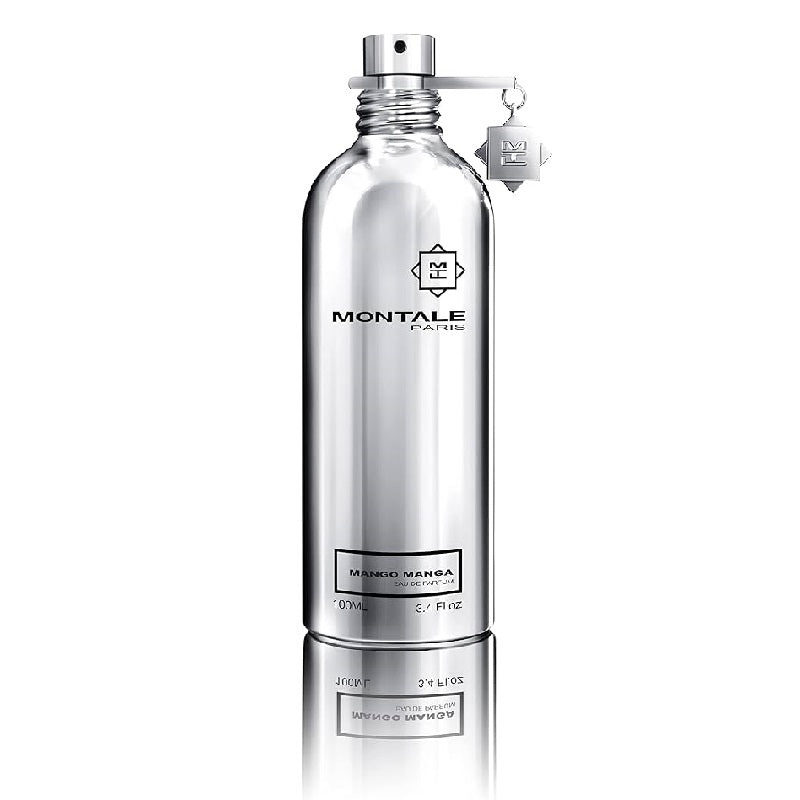 A silver bottle of Montale Mango Manga Eau de Parfum with a black cap and brand logo on the front.