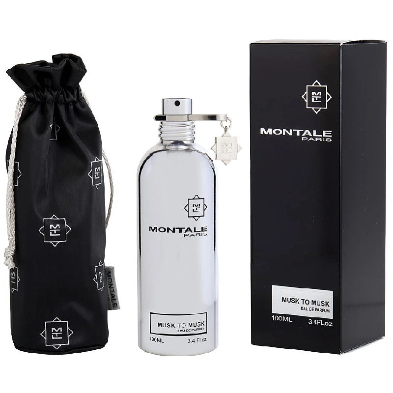 Montale Paris perfume bottle, packaging, and drawstring bag on a white background