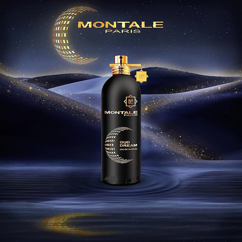 Montale Paris Oud Cream perfume bottle with a cosmic background