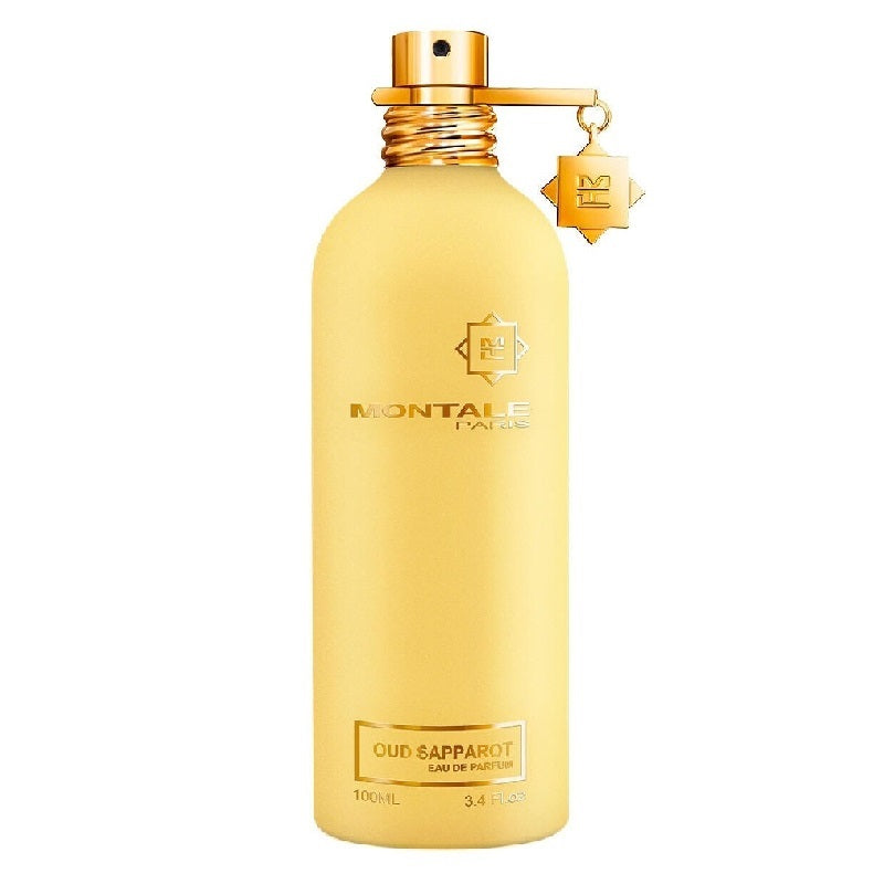 Yellow perfume bottle with gold cap on a white background