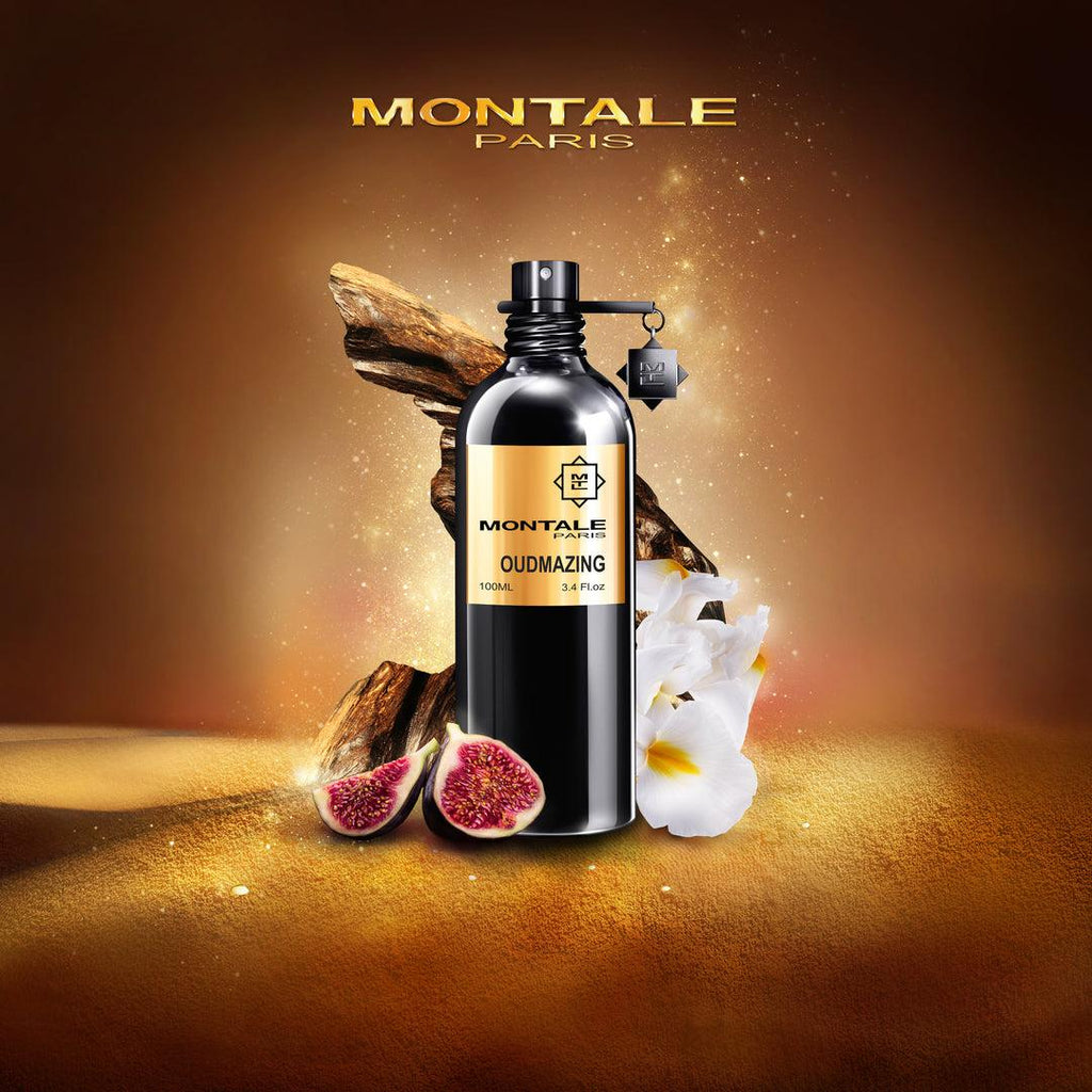 Montale Paris perfume bottle with figs and flowers on a warm brown background