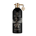 A black bottle of Montale Oudrising Edition Eau de Parfum with a gold spray nozzle and decorative elements in gold, including a bird and floral motifs.