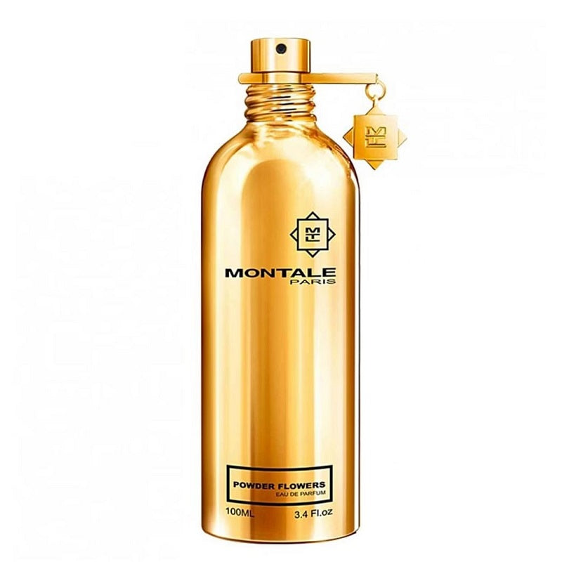 A golden bottle of Montale Powder Flowers Eau de Parfum with a spray nozzle and a tag.