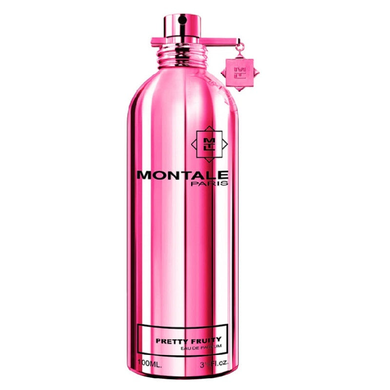 A pink bottle of Montale Pretty Fruity Eau de Parfum with a metallic finish and a spray nozzle.