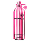A pink bottle of Montale Pretty Fruity Eau de Parfum with a metallic finish and a spray nozzle.