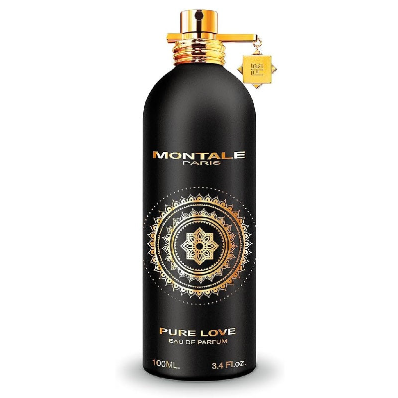 A black bottle of Montale Pure Love Eau de Parfum with ornate gold detailing on the label and a gold cap.