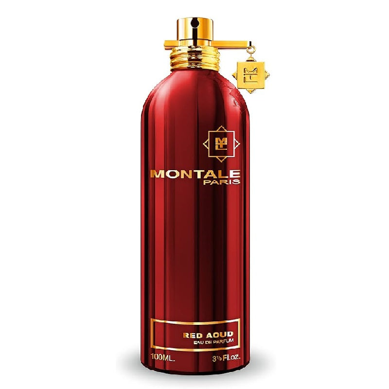 A red bottle of Montale Red Aoud Eau de Parfum with a golden cap and Montale branding.
