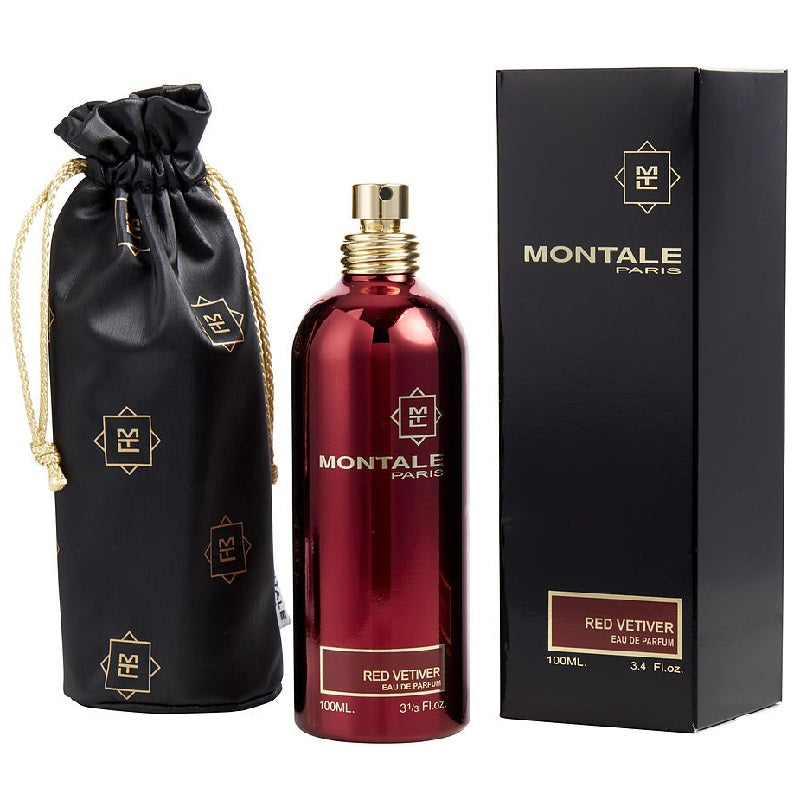Montale Paris Red Vetiver perfume set with bottle, packaging, and drawstring bag on a white background