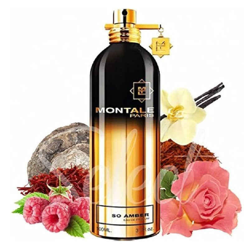 Montale Paris So Amber perfume bottle with floral and aromatic elements on a white background