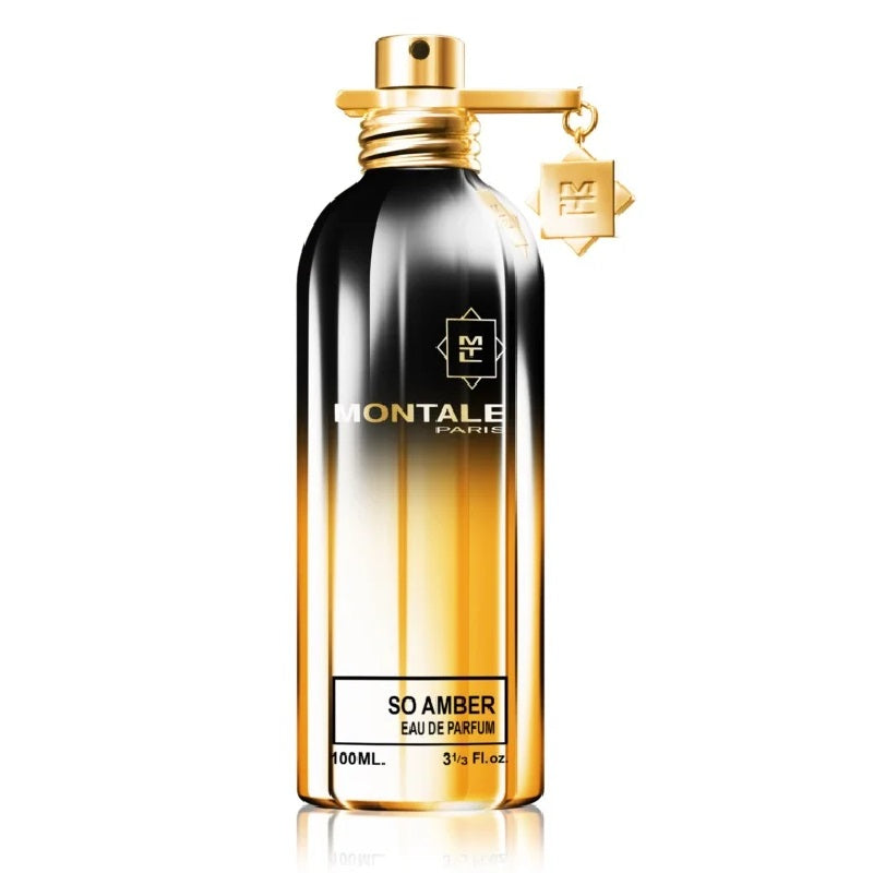A bottle of Montale So Amber Eau de Parfum with a black and gold design, indicating the fragrance is a woody floral musk scent.