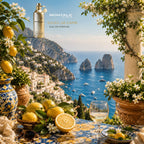Montale Paris Soleil de Capri Eau de Parfum bottle shown against a scenic Italian coastal landscape with lemons, flowers, sea stacks, and a glass of white wine. The perfume bottle is positioned in the upper left, with the product name and brand text above it.