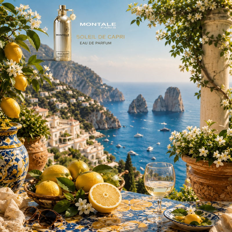 Montale Paris Soleil de Capri Eau de Parfum bottle shown against a scenic Italian coastal landscape with lemons, flowers, sea stacks, and a glass of white wine. The perfume bottle is positioned in the upper left, with the product name and brand text above it.