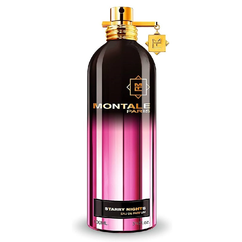 A bottle of Montale Starry Night Eau de Parfum with a dark purple to pink gradient and a gold cap.