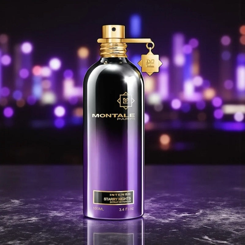 Starry Nights Purple Montale perfume bottle with gold cap on a dark surface against a blurred cityscape background