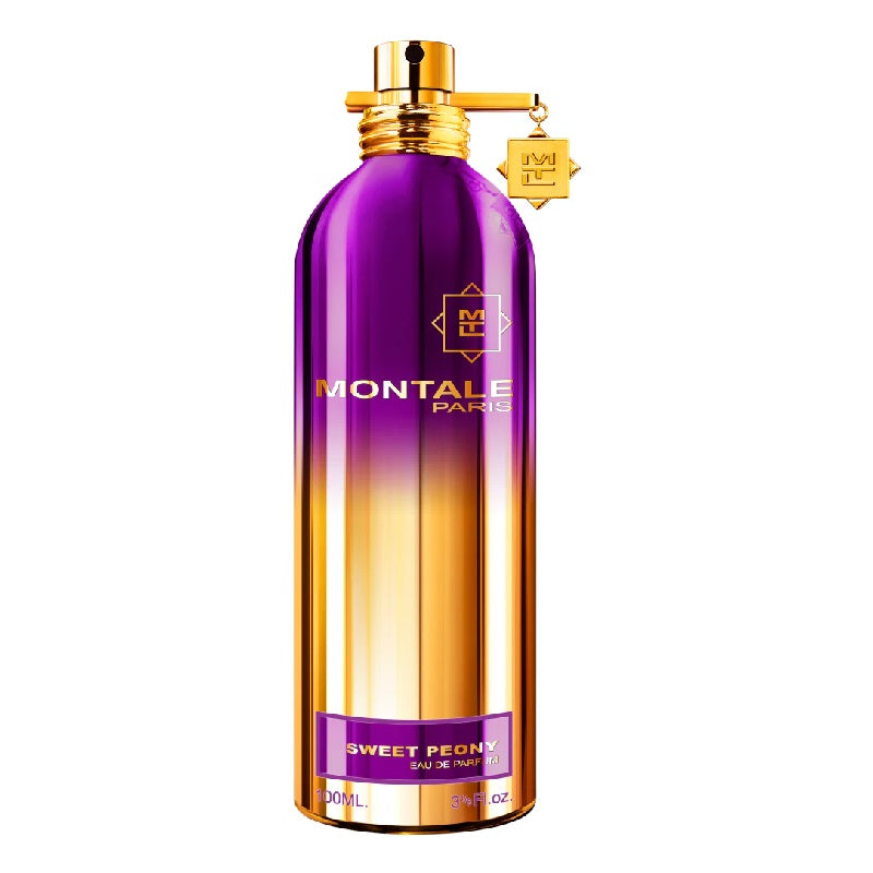 A bottle of Montale Sweet Peony Eau de Parfum with a gradient of purple to orange and a gold cap.