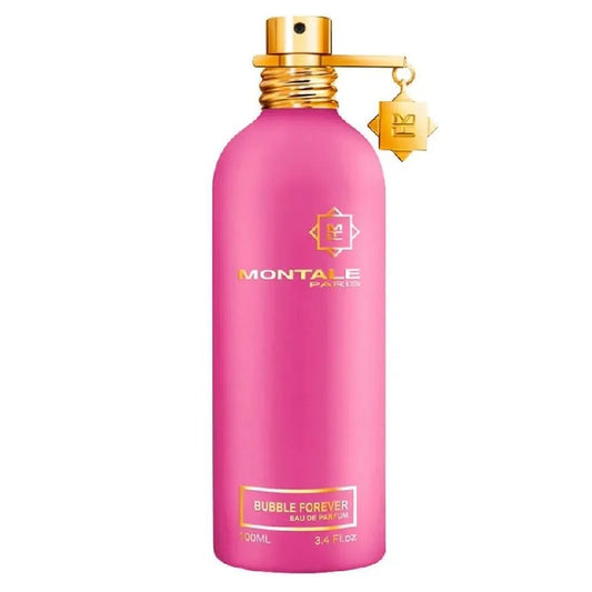 Pink Montale perfume bottle with gold cap on a white background