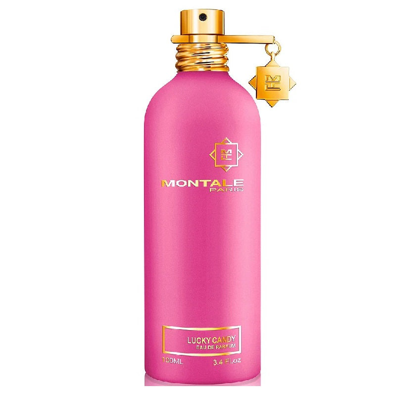 Pink Montale perfume bottle with gold cap on a white background