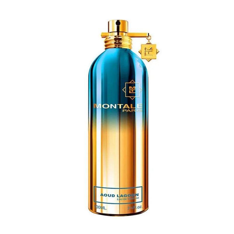 Aoud Lagoon 100 ml Eau de Parfum bottle by Montale – metallic turquoise flacon reflecting tropical brightness and exotic allure.